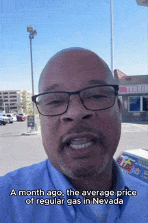 A GIF of Aaron at a gas station saying 'A month ago, the average price of regular gas in Nevada was $3.68. Now, we're looking at $5.19. So, Joe Lombardo's so-called 'leadership' has got us paying $1.50 MORE per gallon.'